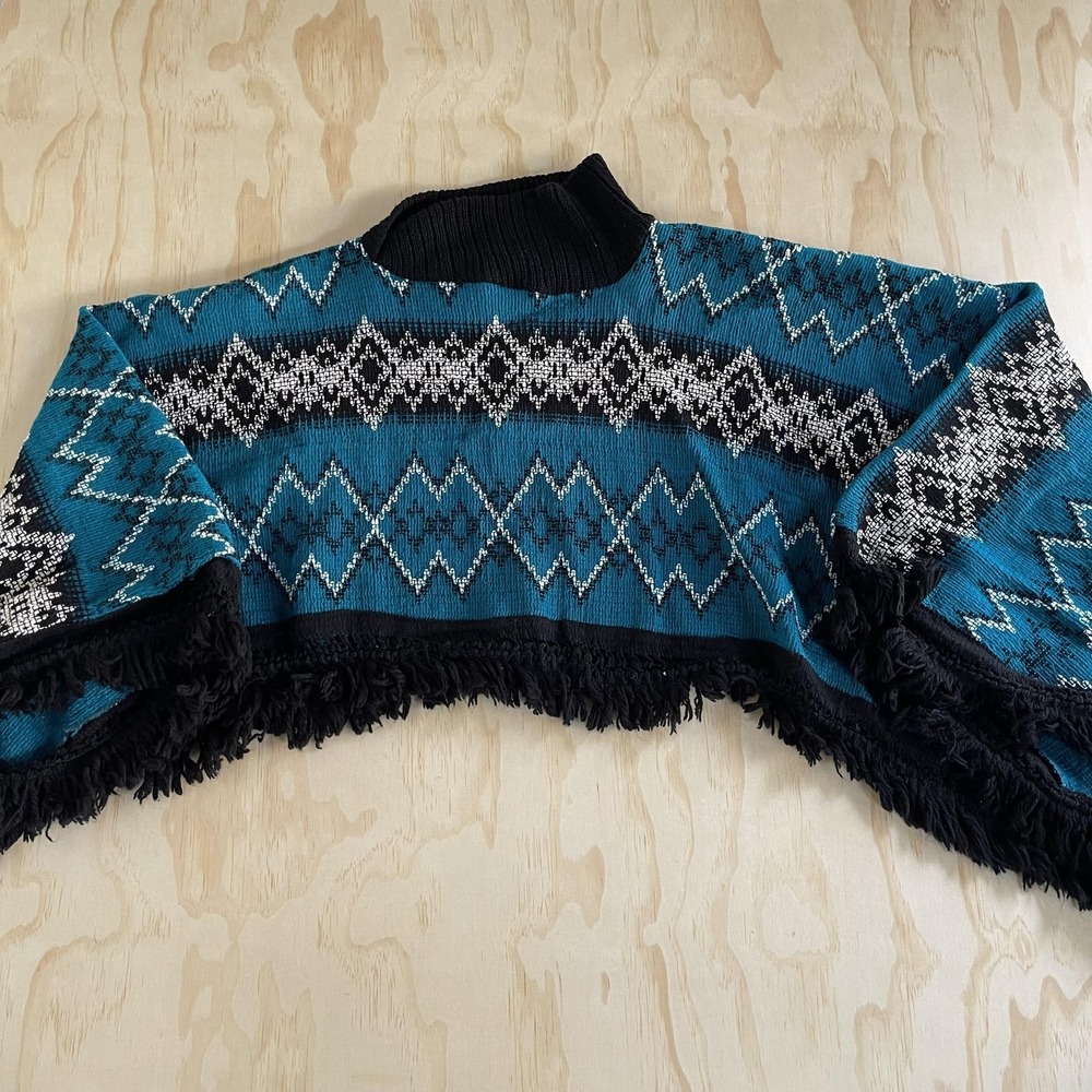 Vintage‎ Molina Mens One Size Blue Black Fringe Southwestern Geometric Poncho